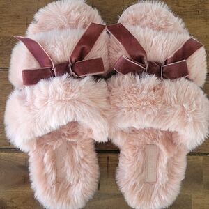 Anthroplogie Maeve Faux Fur Open-Toe Bow Slipper Pink Small Size 6-7